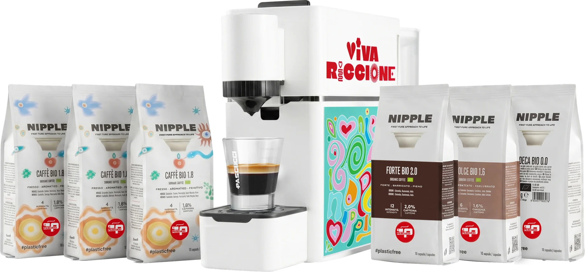 Macchina Viva Riccione con sei confezioni di capsule Nipple bio