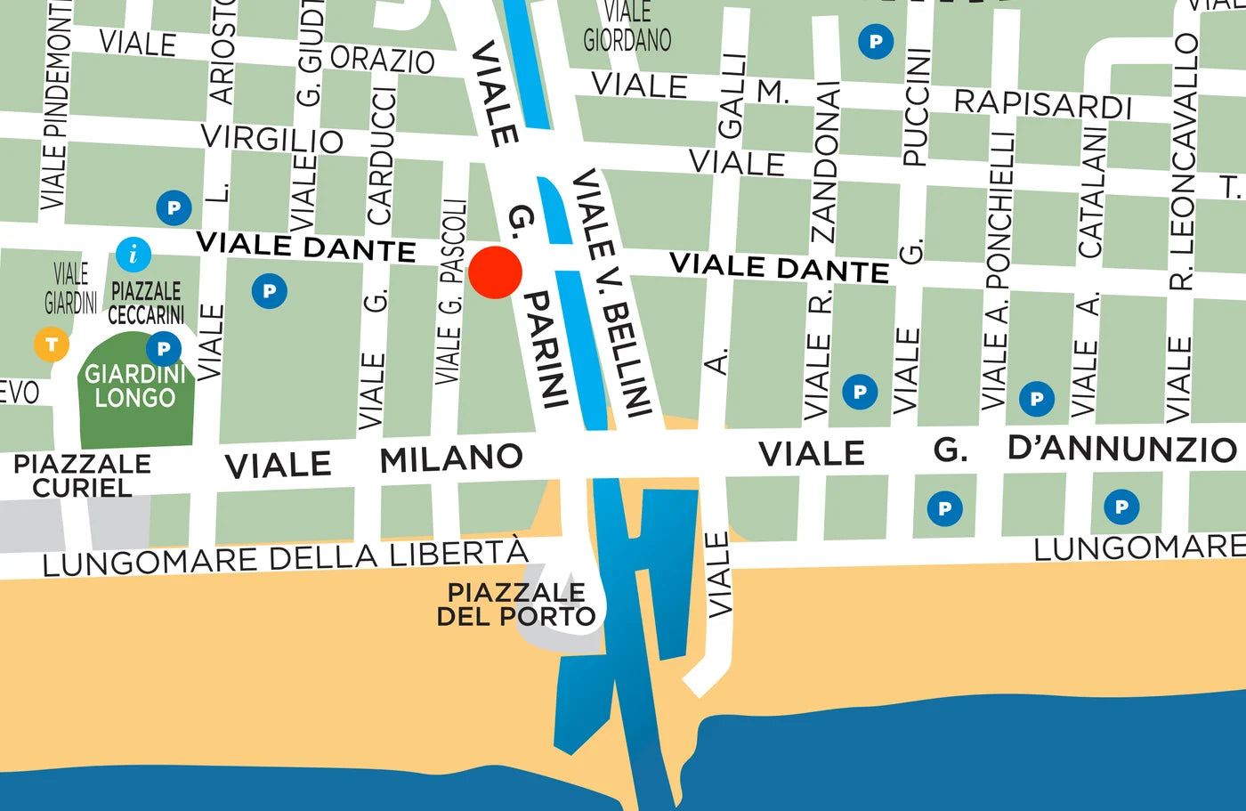 Mappa di Riccione con la Bottega Pascucci in viale Dante 110